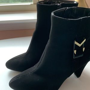 Black suede booties with 3.5 inch heels